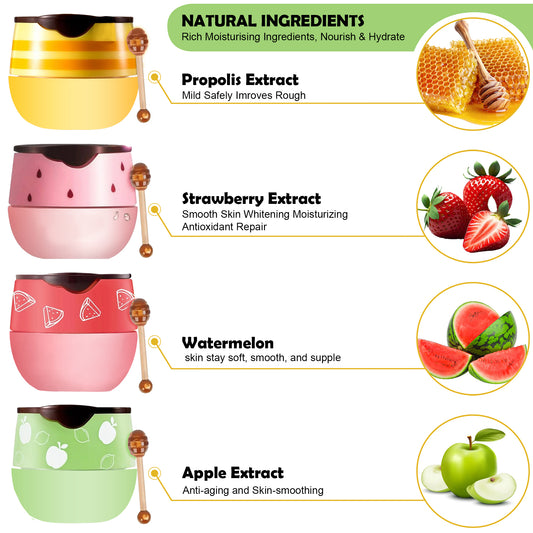 4 PCS Moisturizing Propolis Lip Mask,Apple Strawberry Watermelon Bee Lip Balm Honey Pot,Overnight Moisturizing Hydrating Prevention Dry and Crack Lip Scrubs Exfoliator Wrinkle Care Sleeping Lip Mask